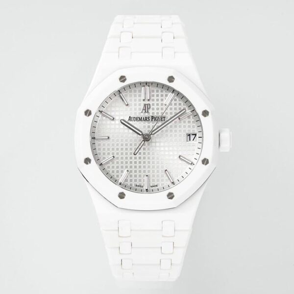 Royal Oak 15500 White Ceramic APSF 1:1 Best Edition Silver Dial On White Ceramic Bracelet SA4302 Super Clone