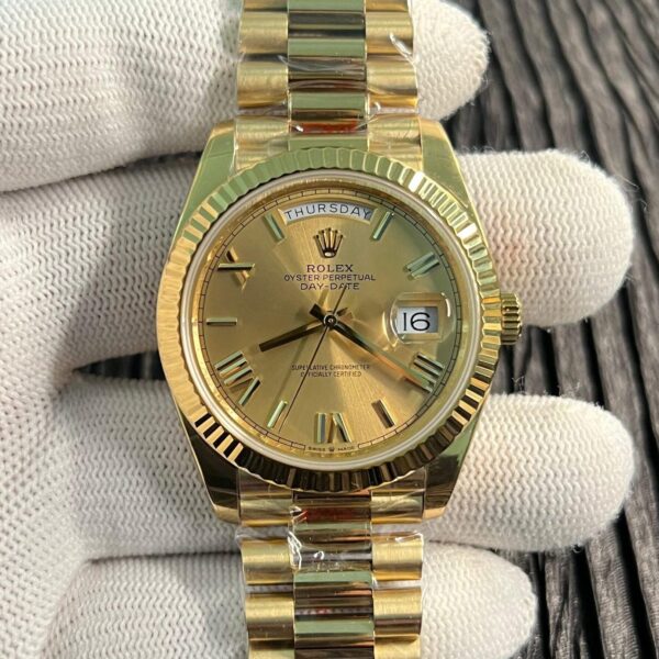 Day Date 128238 Gain Weight YG QF 1:1 Best Edition Gold Dial Roman Markers on YG President Bracelet