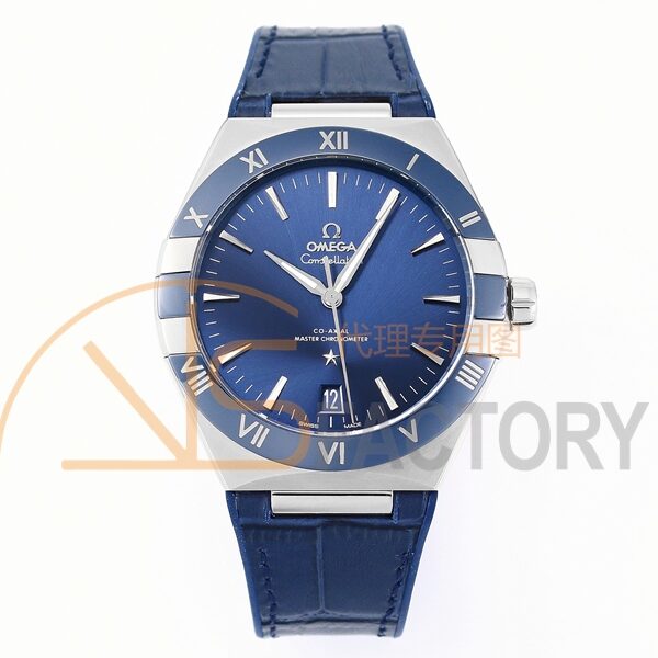 Constellation 41mm Blue Ceramic Bezel SS SBF 1:1 Best Edition Blue Dial on Blue Leather Strap A8900