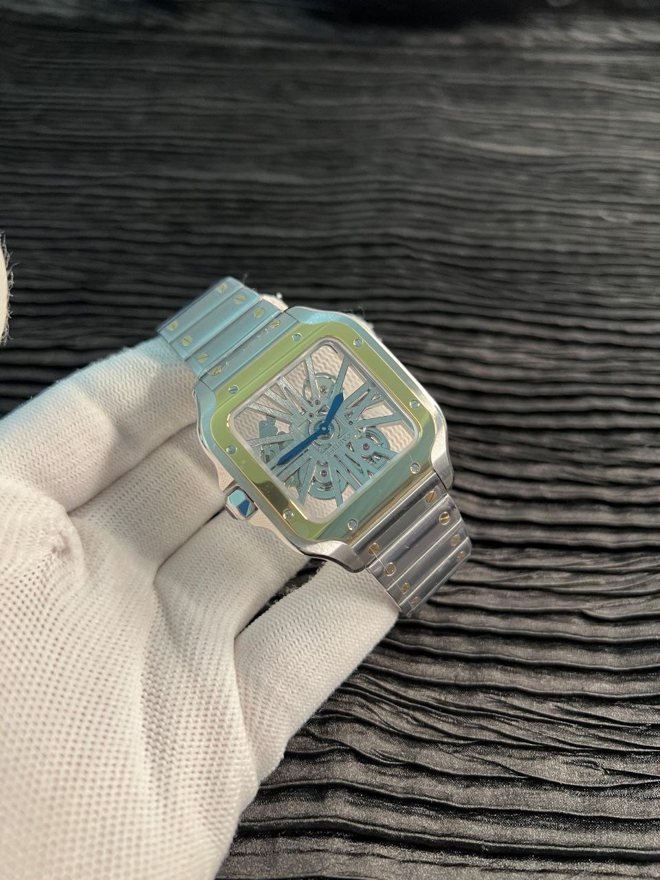 Santos de Carti Skeleton SS/YG MLF Skeleton Dial On SS/YG SmartLink Bracelet Super Clone 9611MC - Image 4