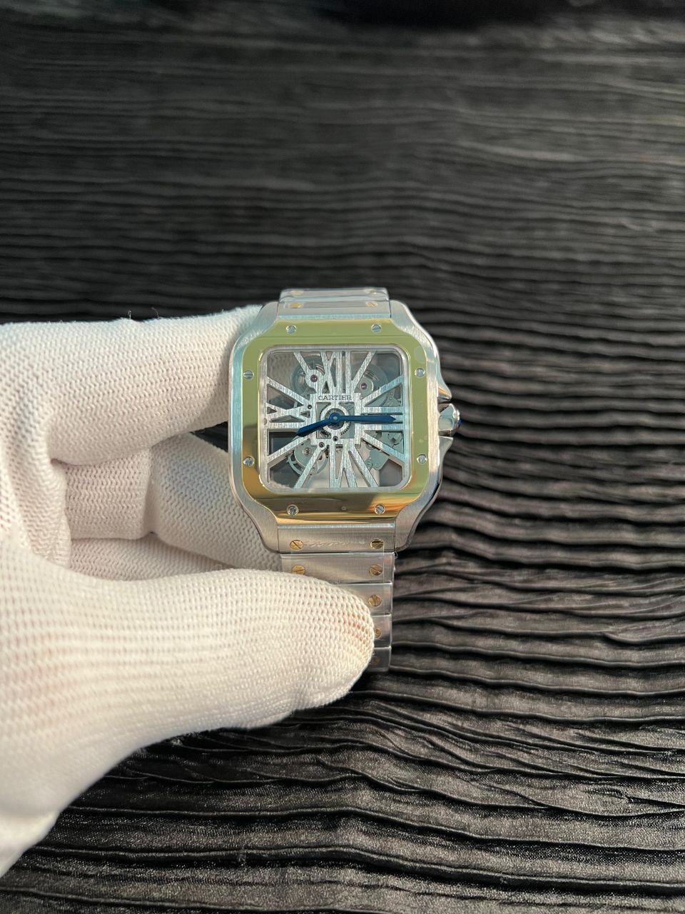 Santos de Carti Skeleton SS/YG MLF Skeleton Dial On SS/YG SmartLink Bracelet Super Clone 9611MC