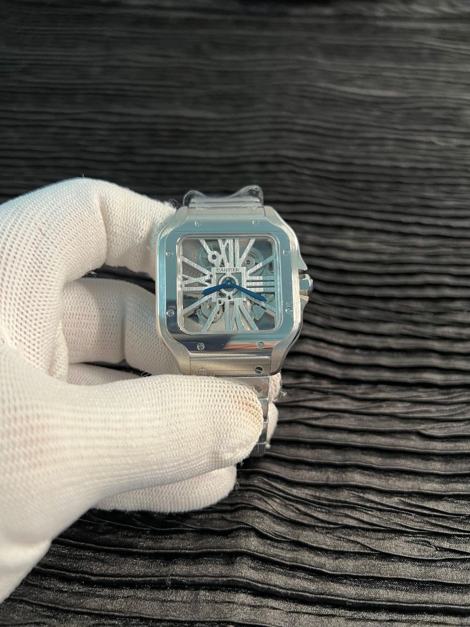 Santos de Carti Skeleton SS MLF Skeleton Dial On SS SmartLink Bracelet Super Clone 9611MC