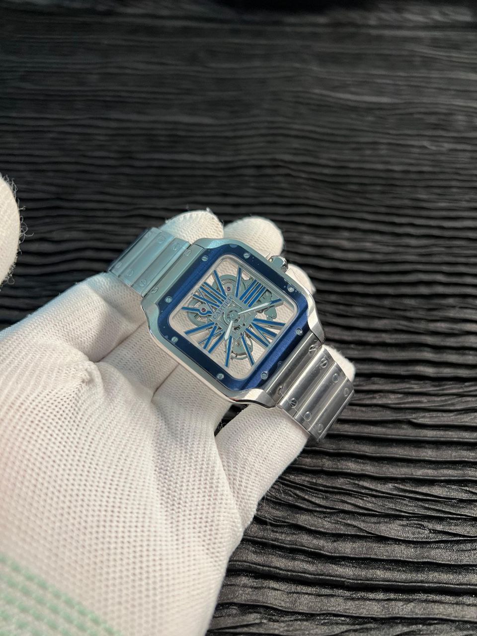 Santos de Carti Skeleton SS MLF Skeleton Blue Skeleton Dial Blue Bezel on SS SmartLink Bracelet 9611MC Super Clone - Image 3