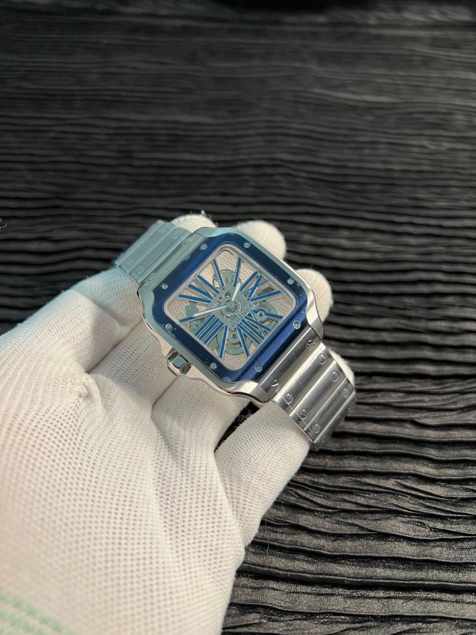 Santos de Carti Skeleton SS MLF Skeleton Blue Skeleton Dial Blue Bezel on SS SmartLink Bracelet 9611MC Super Clone - Image 4