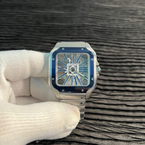Santos de Carti Skeleton SS MLF Skeleton Blue Skeleton Dial Blue Bezel on SS SmartLink Bracelet 9611MC Super Clone