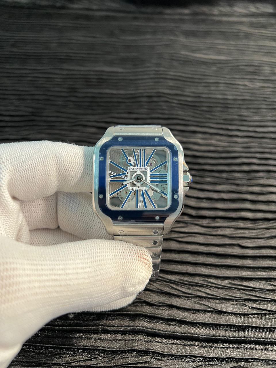 Santos de Carti Skeleton SS MLF Skeleton Blue Skeleton Dial Blue Bezel on SS SmartLink Bracelet 9611MC Super Clone