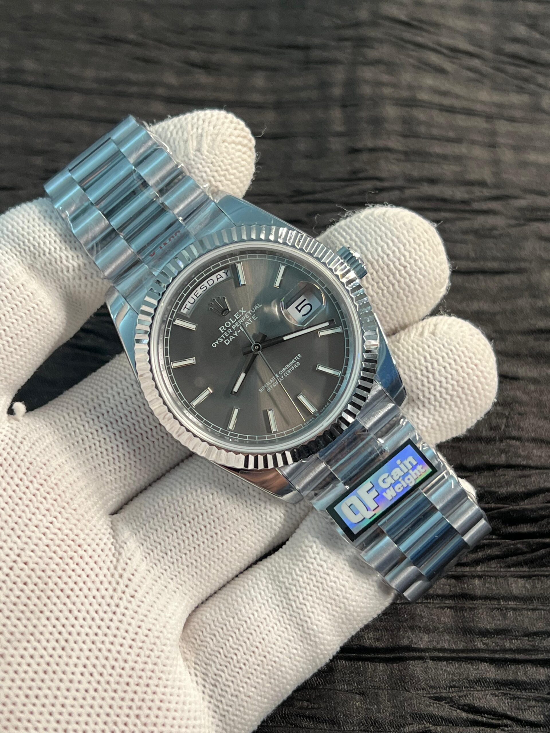 Day Date 228238 40mm 904L SS Bezel QF Gain Weight Grey Dial Stick Markers on SS President Bracelet A2836 - Image 3