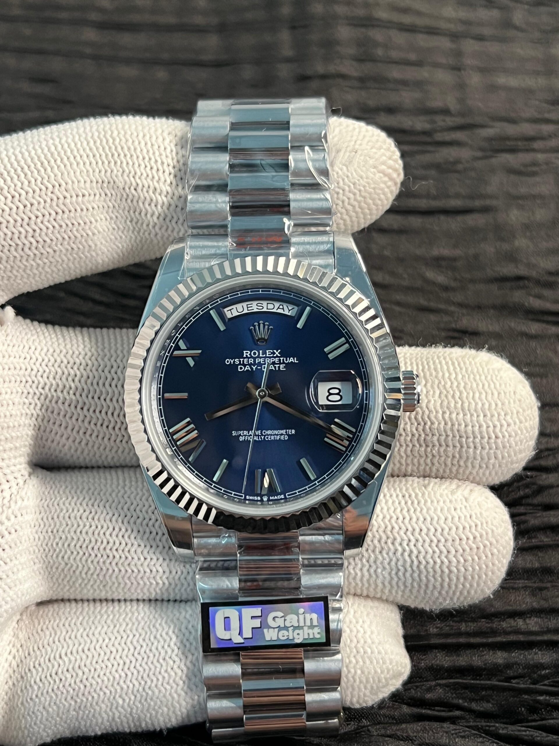 Day Date 228238 40mm 904L SS Bezel QF Gain Weight Blue Dial Roman Markers on SS President Bracelet A2836