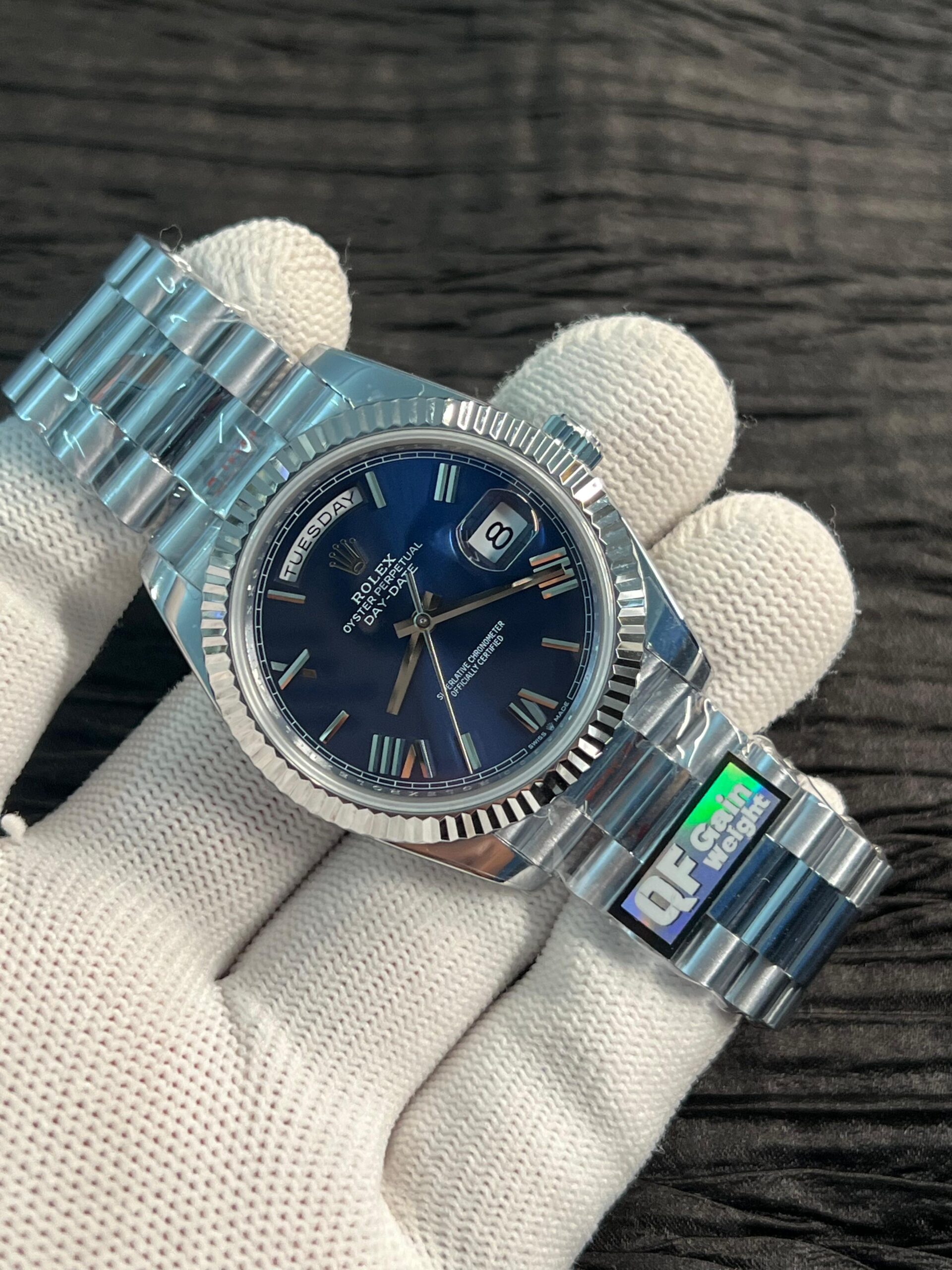 Day Date 228238 40mm 904L SS Bezel QF Gain Weight Blue Dial Roman Markers on SS President Bracelet A2836 - Image 3