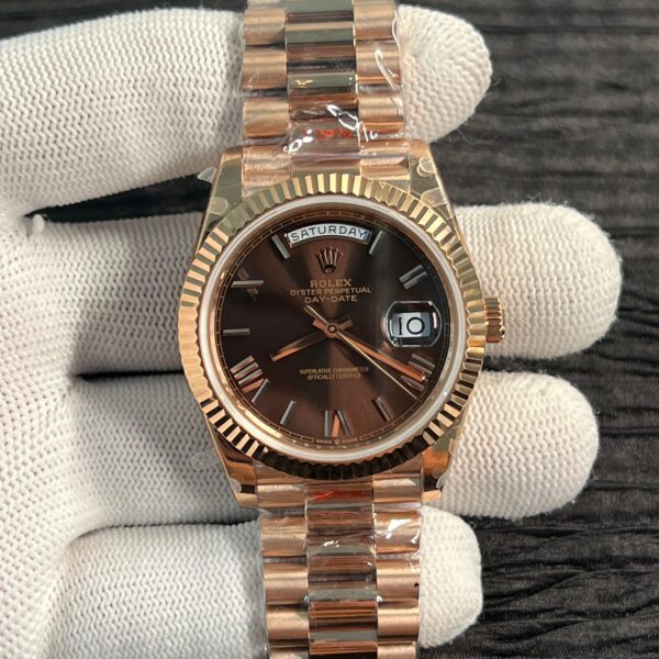 Day Date 228238 40mm 904L RG QF Gain Weight Brown Dial Roman Markers on YG President Bracelet A2836