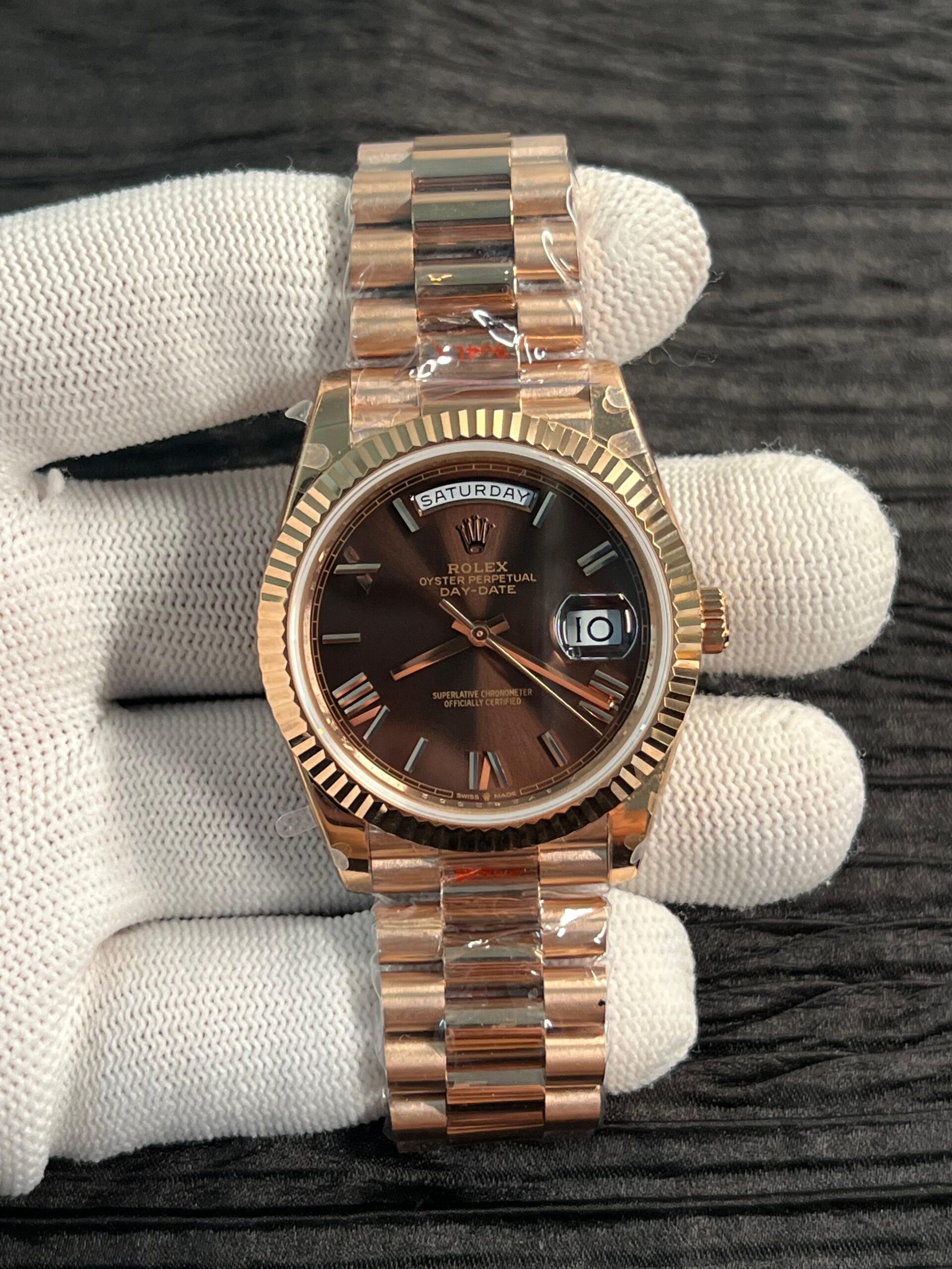 Day Date 228238 40mm 904L RG QF Gain Weight Brown Dial Roman Markers on YG President Bracelet A2836