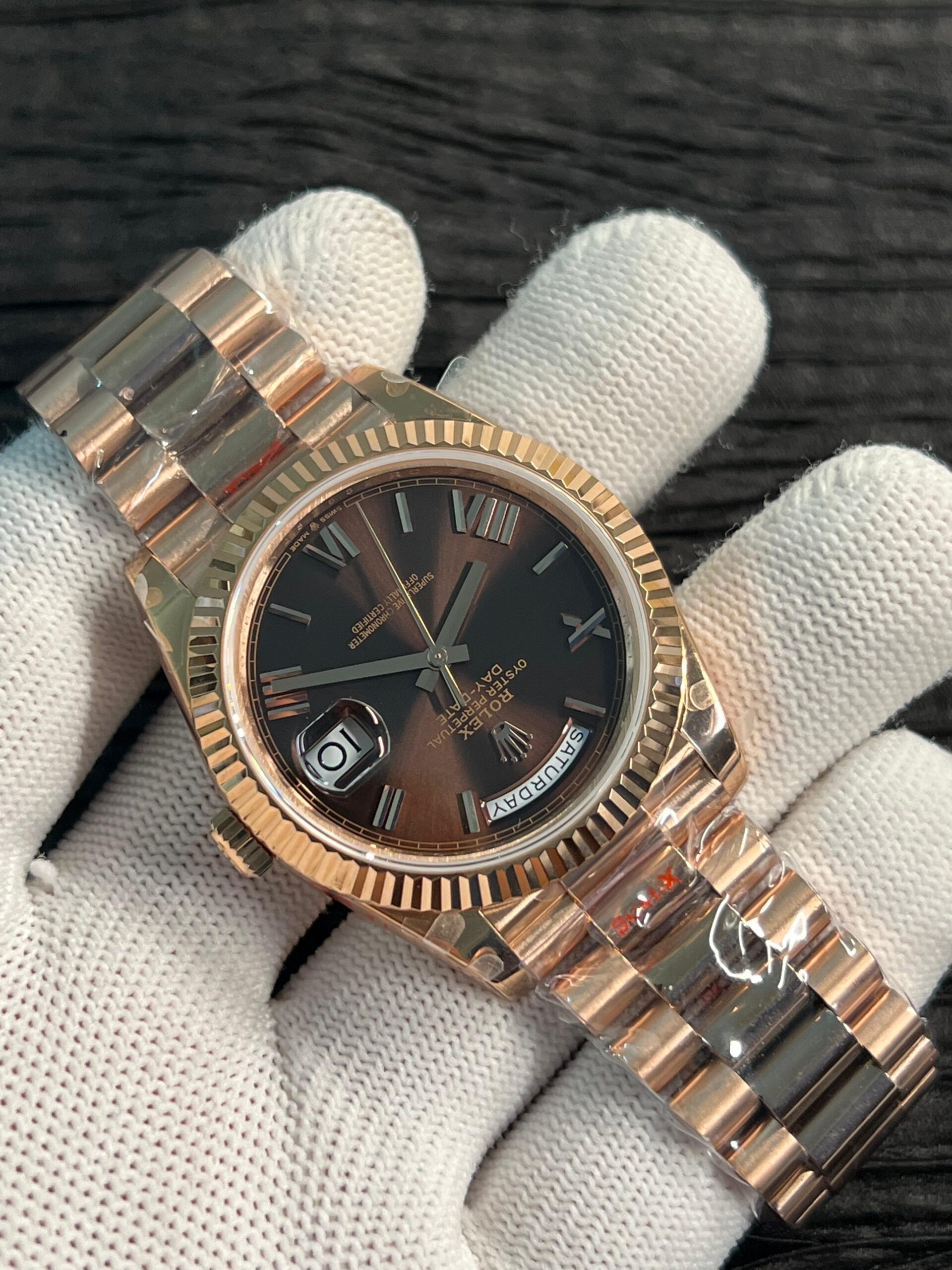 Day Date 228238 40mm 904L RG QF Gain Weight Brown Dial Roman Markers on YG President Bracelet A2836 - Image 4